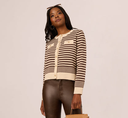 Crew Neck Button Front Striped Pointelle Cardigan Sweater - Cream Dark Brown | Adrianna Papell