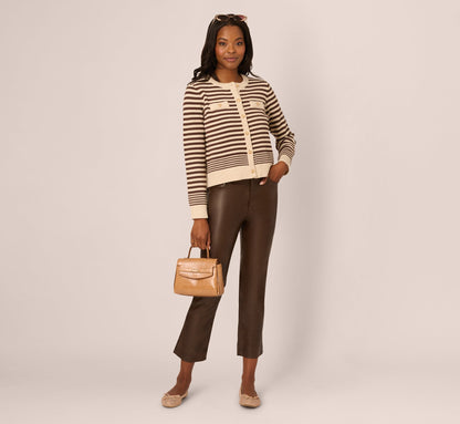 Crew Neck Button Front Striped Pointelle Cardigan Sweater - Cream Dark Brown | Adrianna Papell