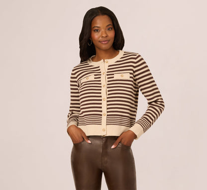 Crew Neck Button Front Striped Pointelle Cardigan Sweater - Cream Dark Brown | Adrianna Papell