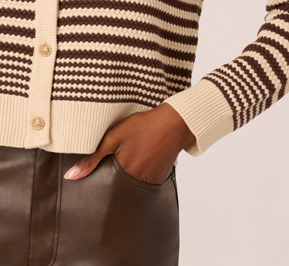 Crew Neck Button Front Striped Pointelle Cardigan Sweater - Cream Dark Brown | Adrianna Papell