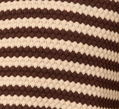 Crew Neck Button Front Striped Pointelle Cardigan Sweater - Cream Dark Brown | Adrianna Papell