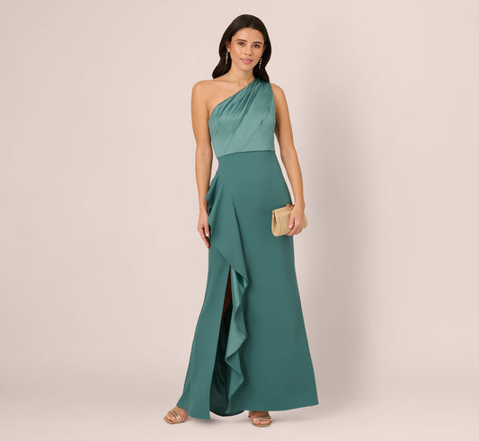 One-Shoulder Long Satin Crepe Mermaid Gown - Green Slate | Adrianna Papell