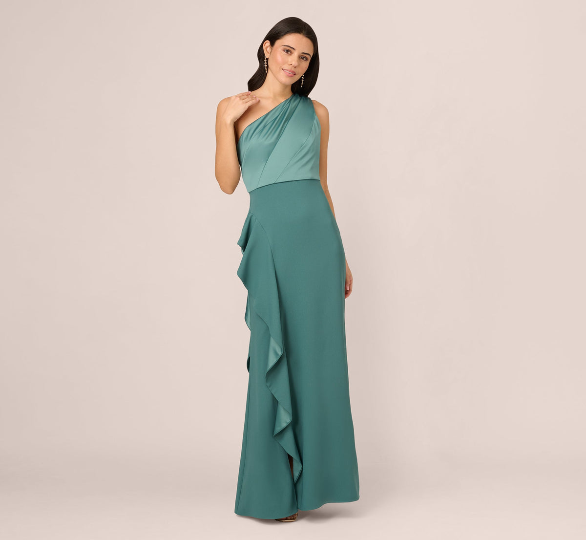 One-Shoulder Long Satin Crepe Mermaid Gown - Green Slate | Adrianna Papell
