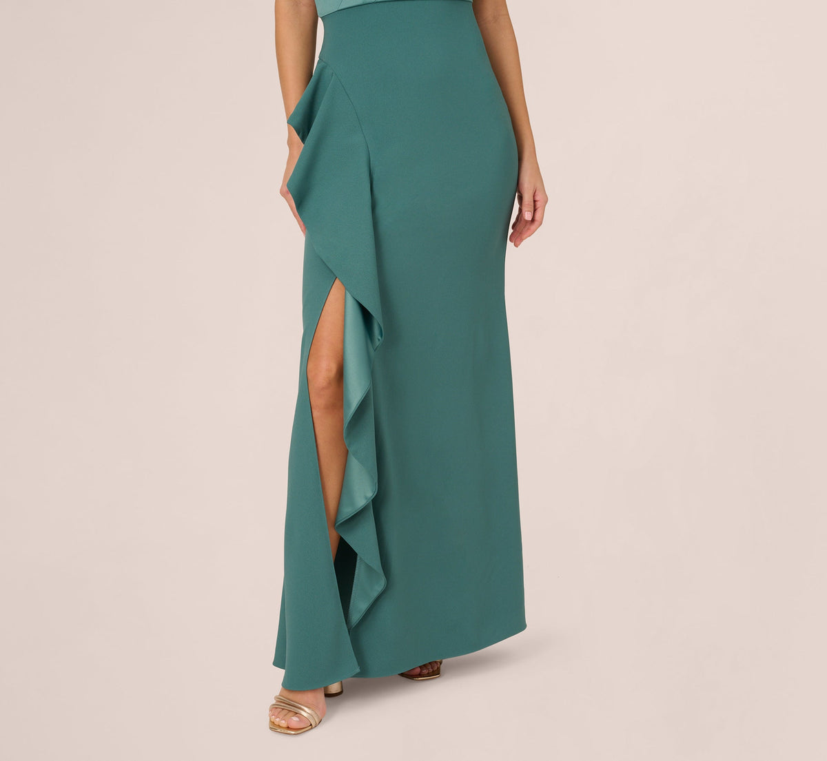 One-Shoulder Long Satin Crepe Mermaid Gown - Green Slate | Adrianna Papell