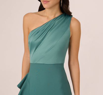 One-Shoulder Long Satin Crepe Mermaid Gown - Green Slate | Adrianna Papell