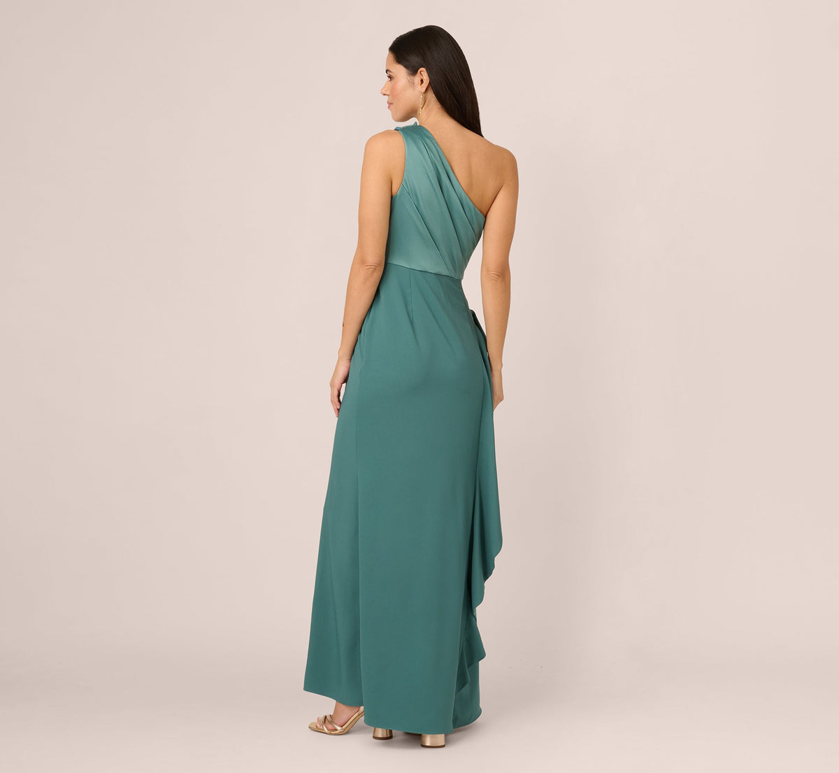 One-Shoulder Long Satin Crepe Mermaid Gown - Green Slate | Adrianna Papell
