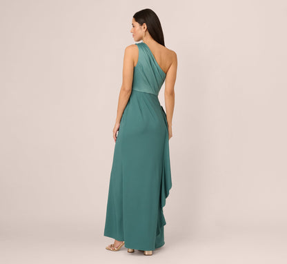 One-Shoulder Long Satin Crepe Mermaid Gown - Green Slate | Adrianna Papell
