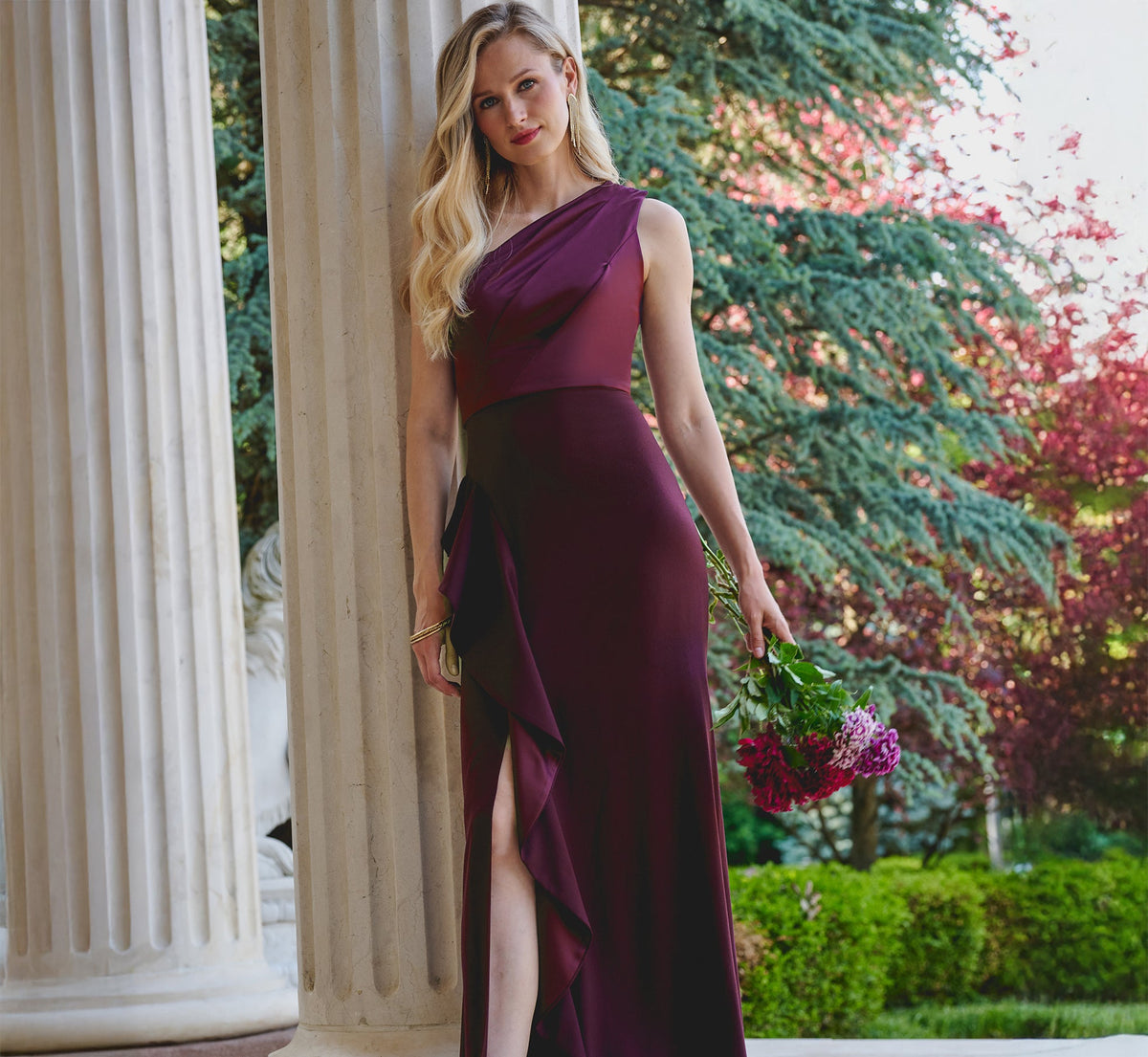 One-Shoulder Long Satin Crepe Mermaid Gown - Bordeaux Glow | Adrianna Papell