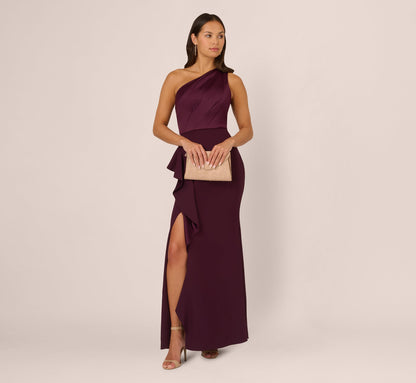 One-Shoulder Long Satin Crepe Mermaid Gown - Bordeaux Glow | Adrianna Papell