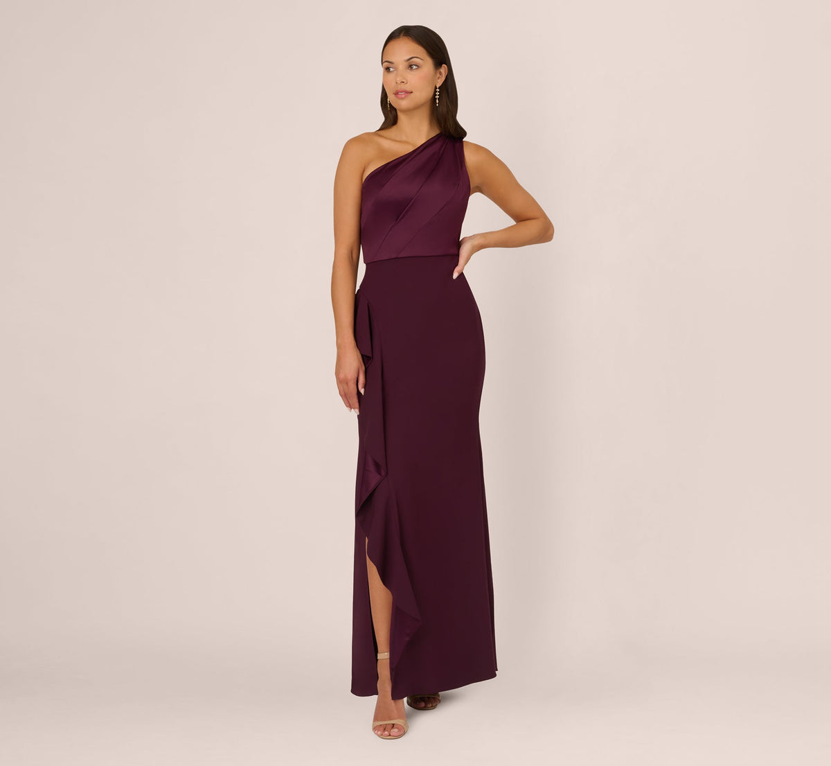 One-Shoulder Long Satin Crepe Mermaid Gown - Bordeaux Glow | Adrianna Papell