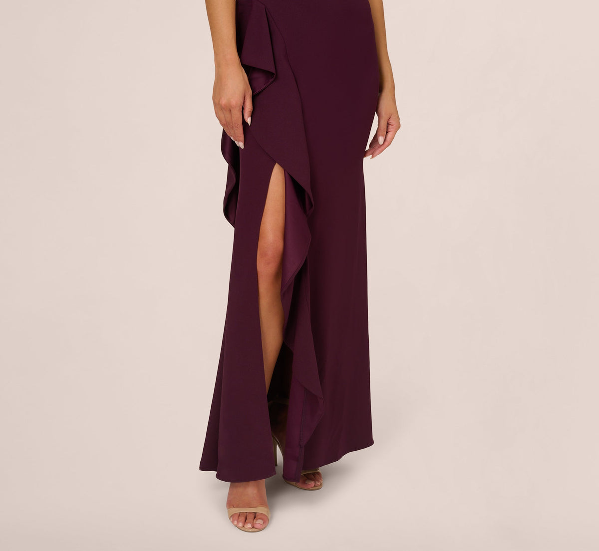 One-Shoulder Long Satin Crepe Mermaid Gown - Bordeaux Glow | Adrianna Papell