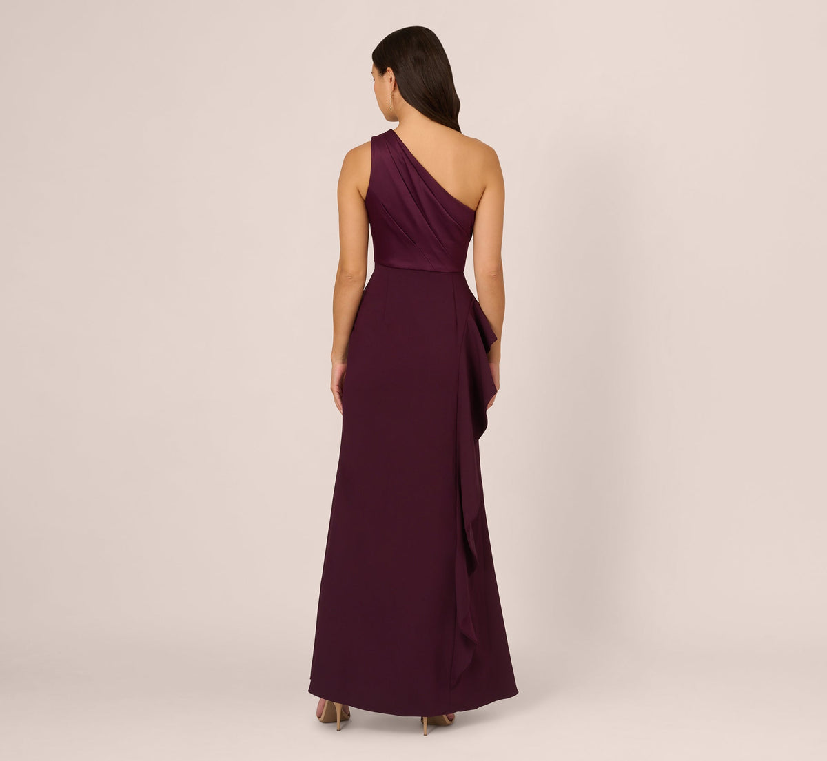 One-Shoulder Long Satin Crepe Mermaid Gown - Bordeaux Glow | Adrianna Papell