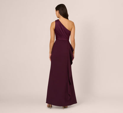 One-Shoulder Long Satin Crepe Mermaid Gown - Bordeaux Glow | Adrianna Papell