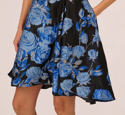 Floral Jacquard Short Fit And Flare Dress - Blue Black Multi | Adrianna Papell