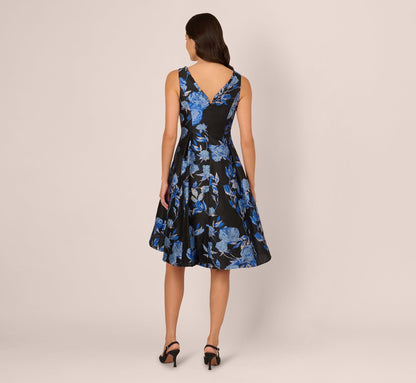Floral Jacquard Short Fit And Flare Dress - Blue Black Multi | Adrianna Papell