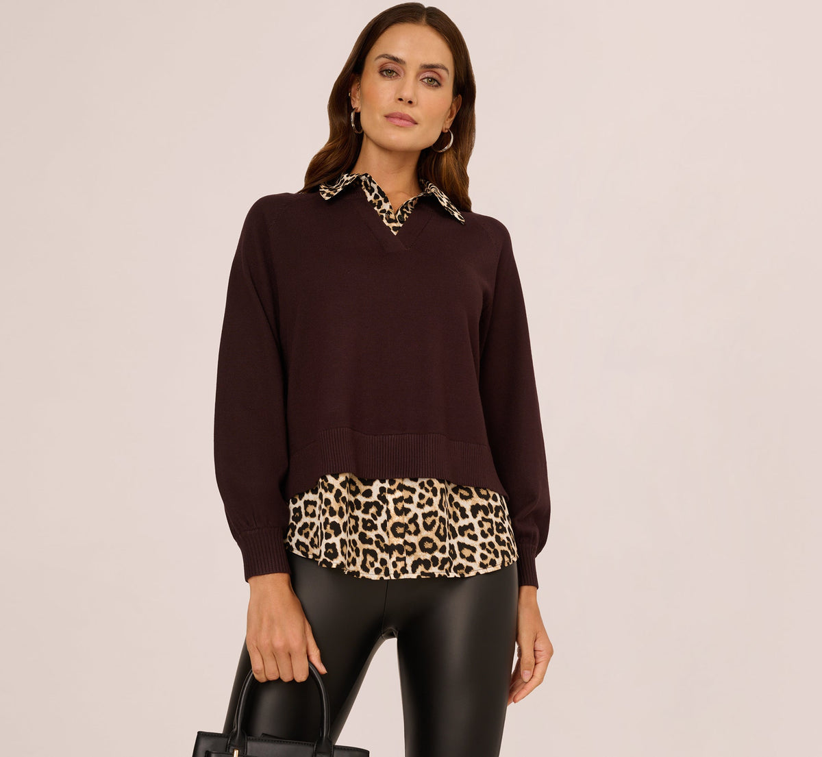 Long Sleeve Collared Printed Twover Sweater - Brownie W  Bengal Cheetah | Adrianna Papell