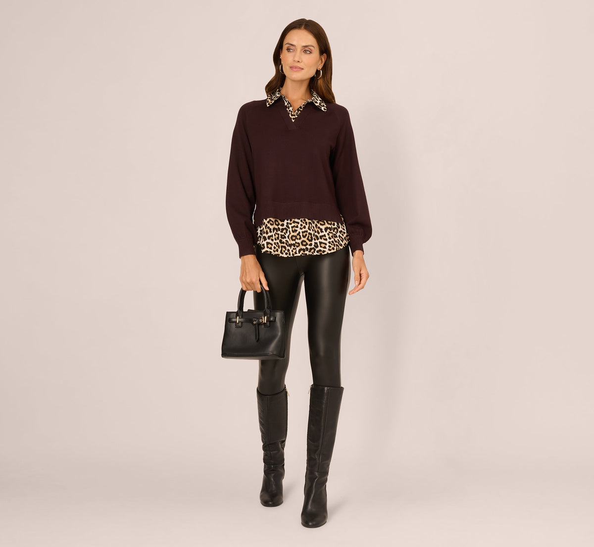Long Sleeve Collared Printed Twover Sweater - Brownie W  Bengal Cheetah | Adrianna Papell