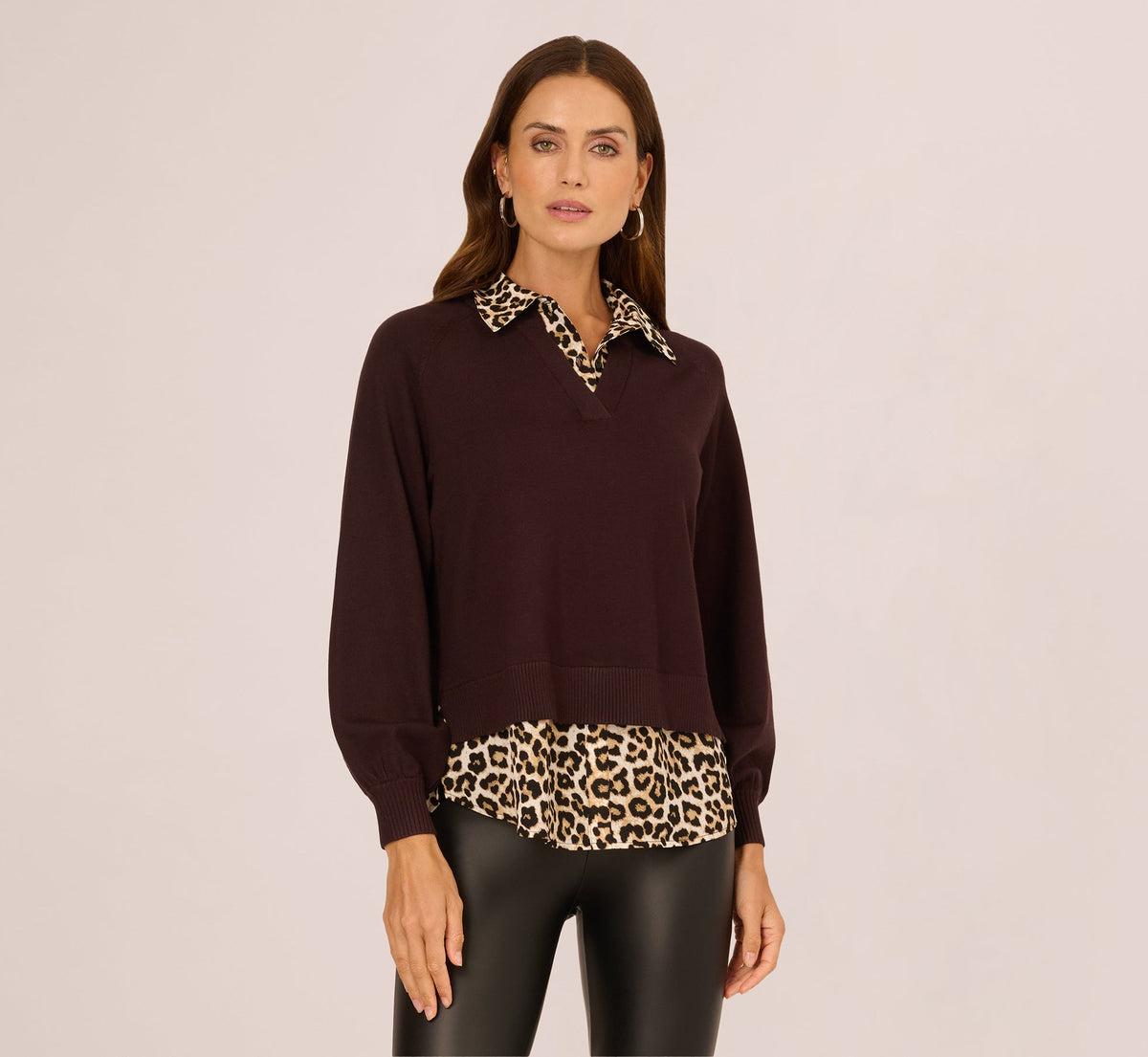 Long Sleeve Collared Printed Twover Sweater - Brownie W  Bengal Cheetah | Adrianna Papell