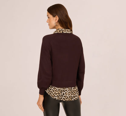 Long Sleeve Collared Printed Twover Sweater - Brownie W  Bengal Cheetah | Adrianna Papell