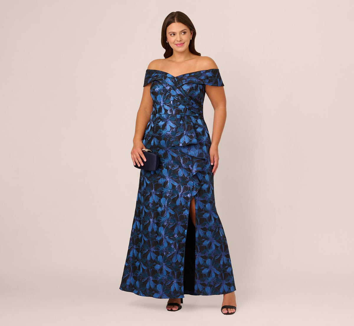 Plus Size Off Shoulder Jacquard Gown - Blue Multi | Adrianna Papell