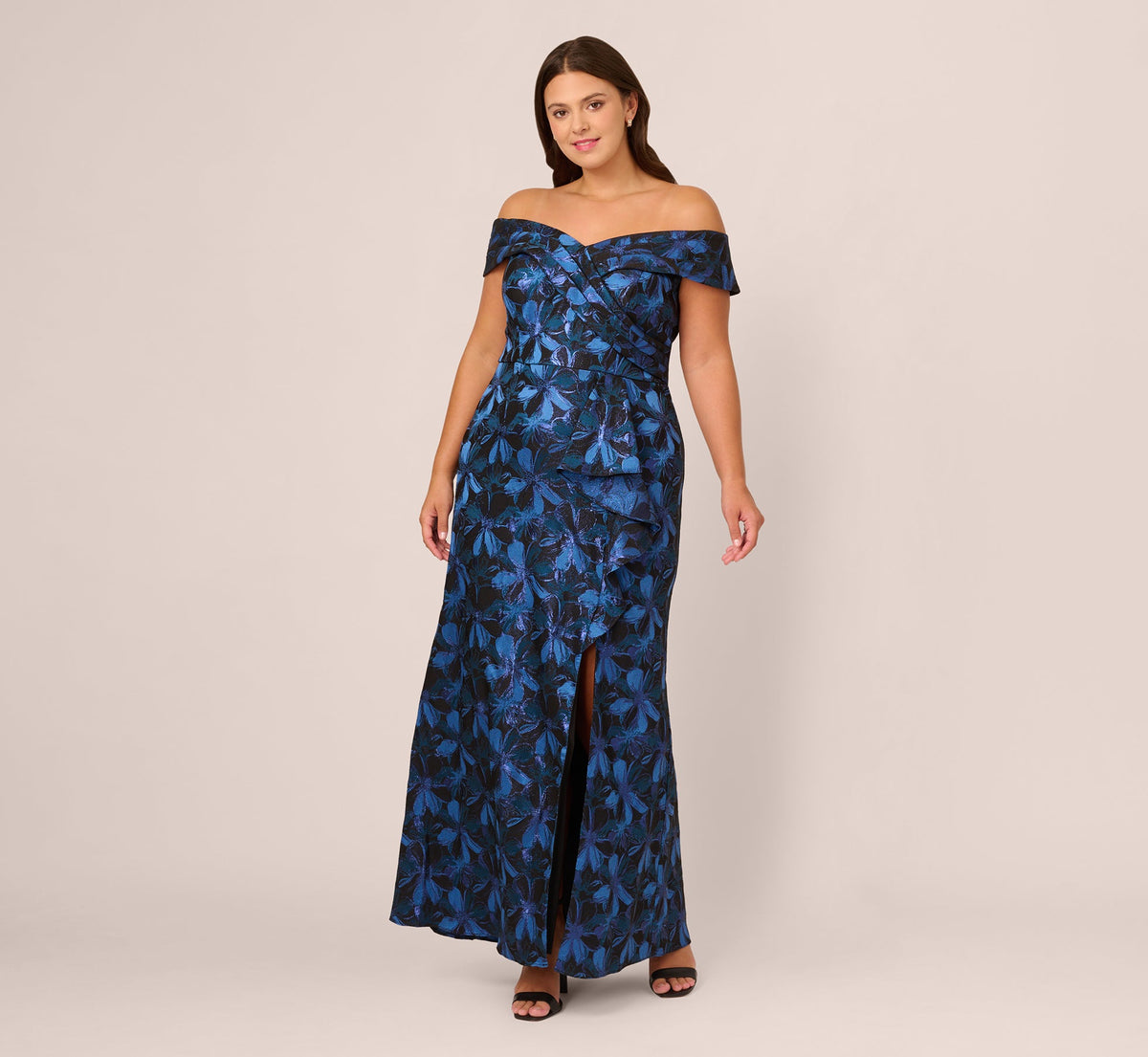 Plus Size Off Shoulder Jacquard Gown - Blue Multi | Adrianna Papell