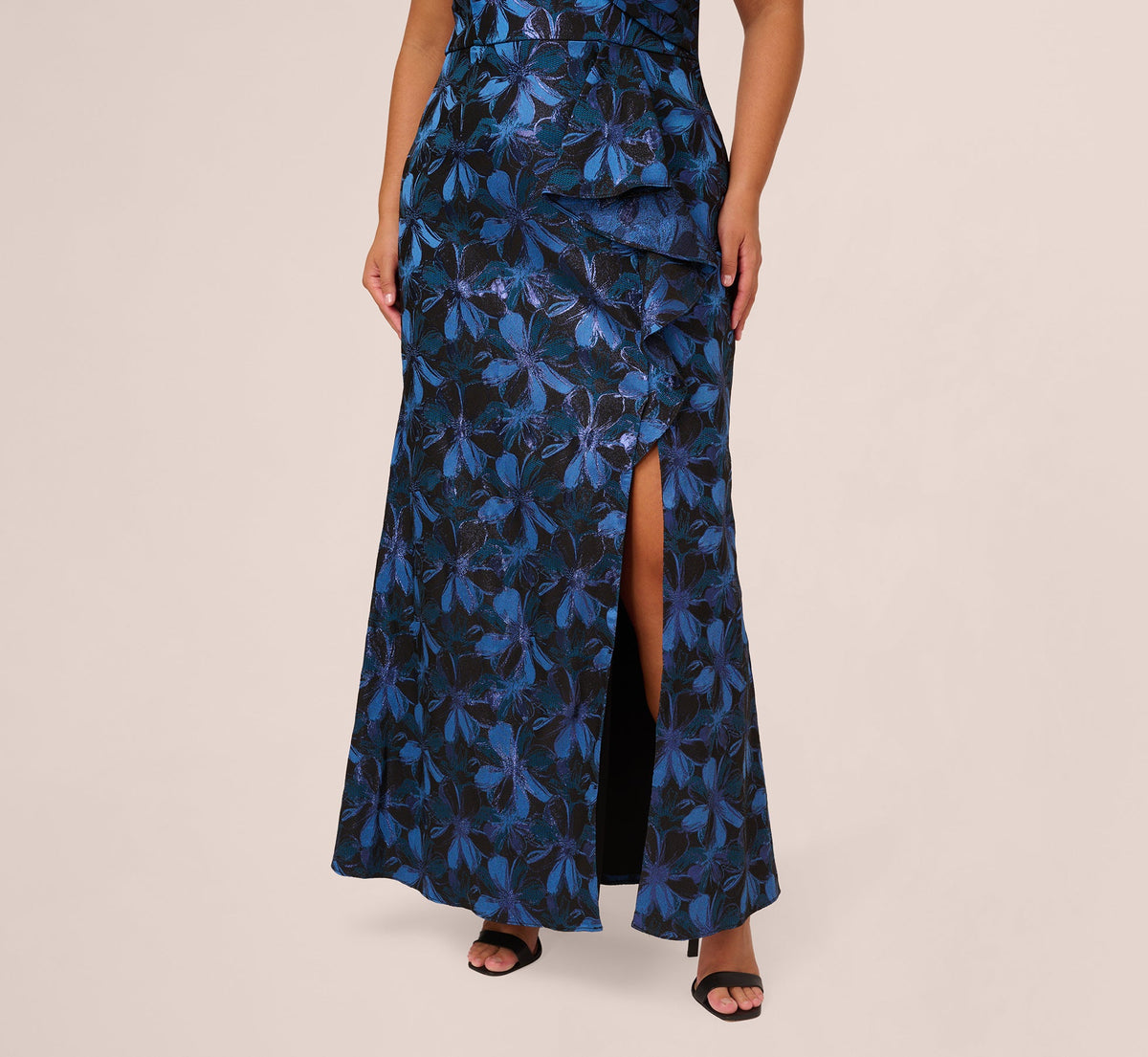Plus Size Off Shoulder Jacquard Gown - Blue Multi | Adrianna Papell