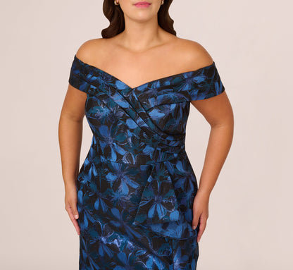 Plus Size Off Shoulder Jacquard Gown - Blue Multi | Adrianna Papell
