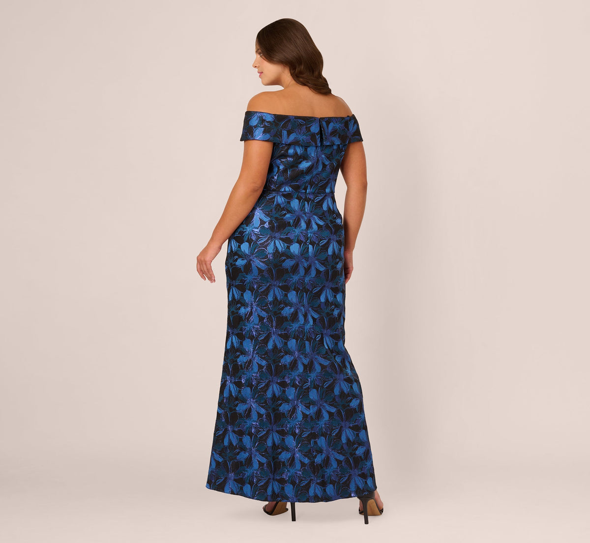 Plus Size Off Shoulder Jacquard Gown - Blue Multi | Adrianna Papell