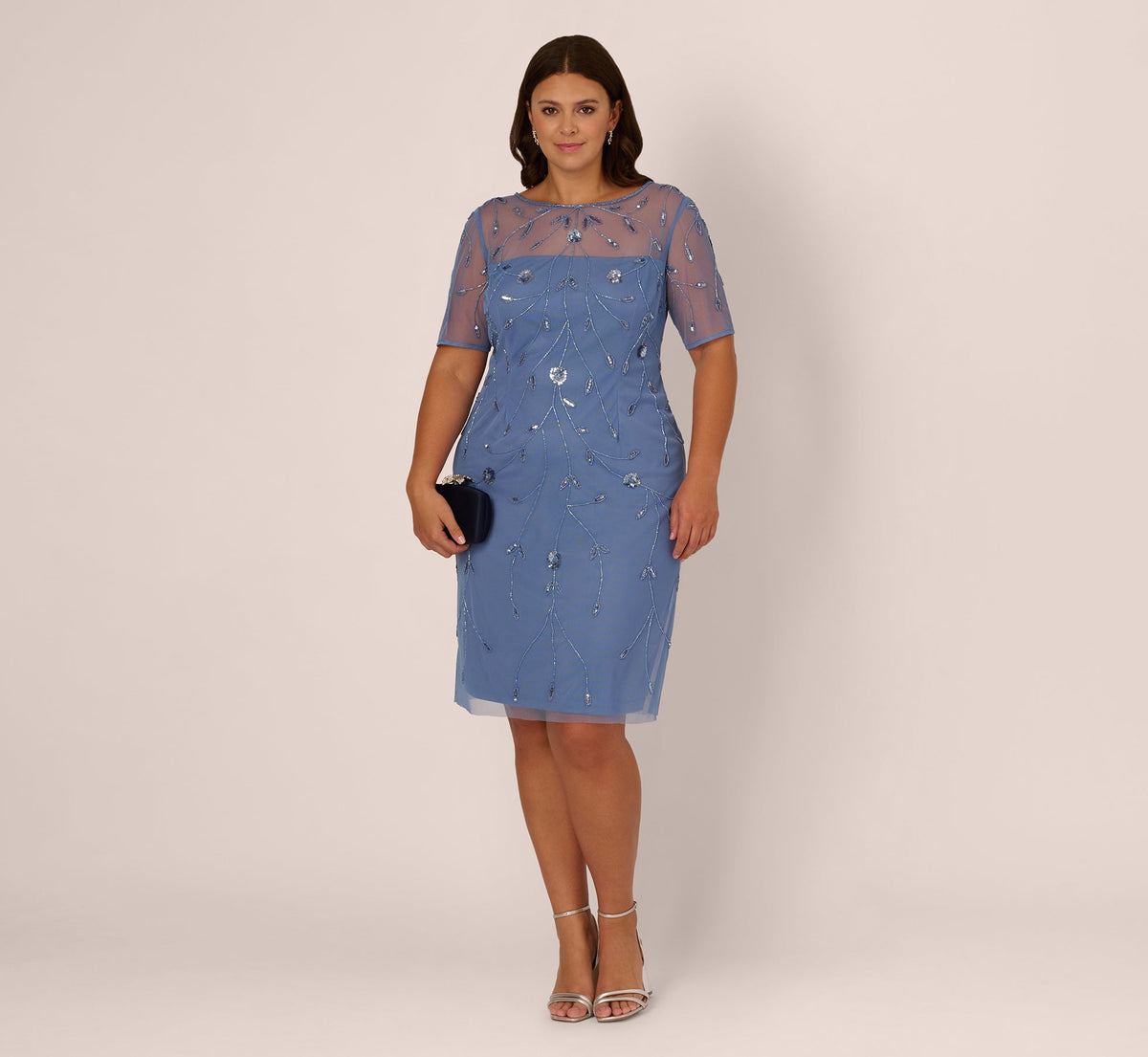 Plus Size Short Sleeve Illusion Floral Beaded Sheath Dress - French Blue | Adrianna Papell