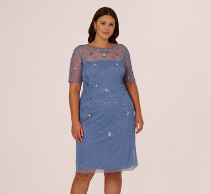 Plus Size Short Sleeve Illusion Floral Beaded Sheath Dress - French Blue | Adrianna Papell