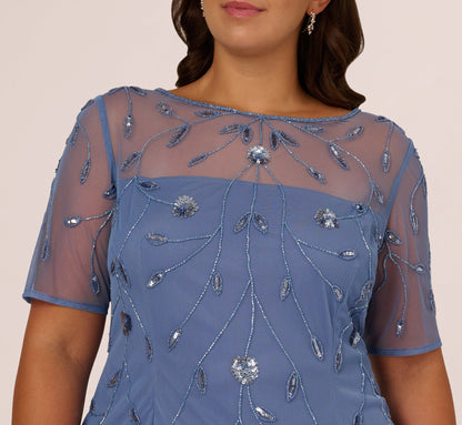 Plus Size Short Sleeve Illusion Floral Beaded Sheath Dress - French Blue | Adrianna Papell