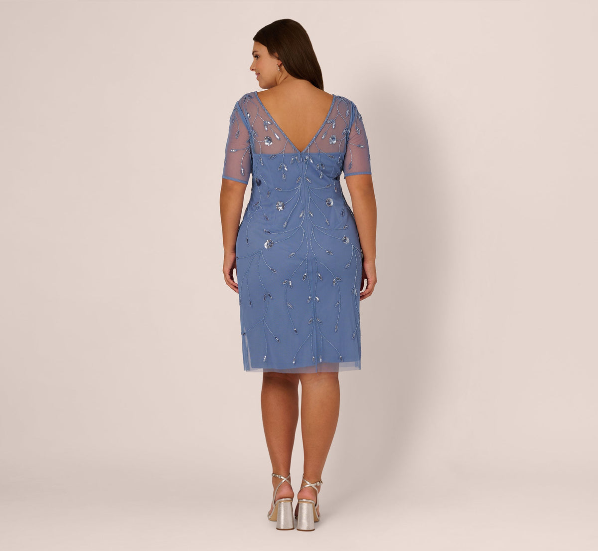 Plus Size Short Sleeve Illusion Floral Beaded Sheath Dress - French Blue | Adrianna Papell