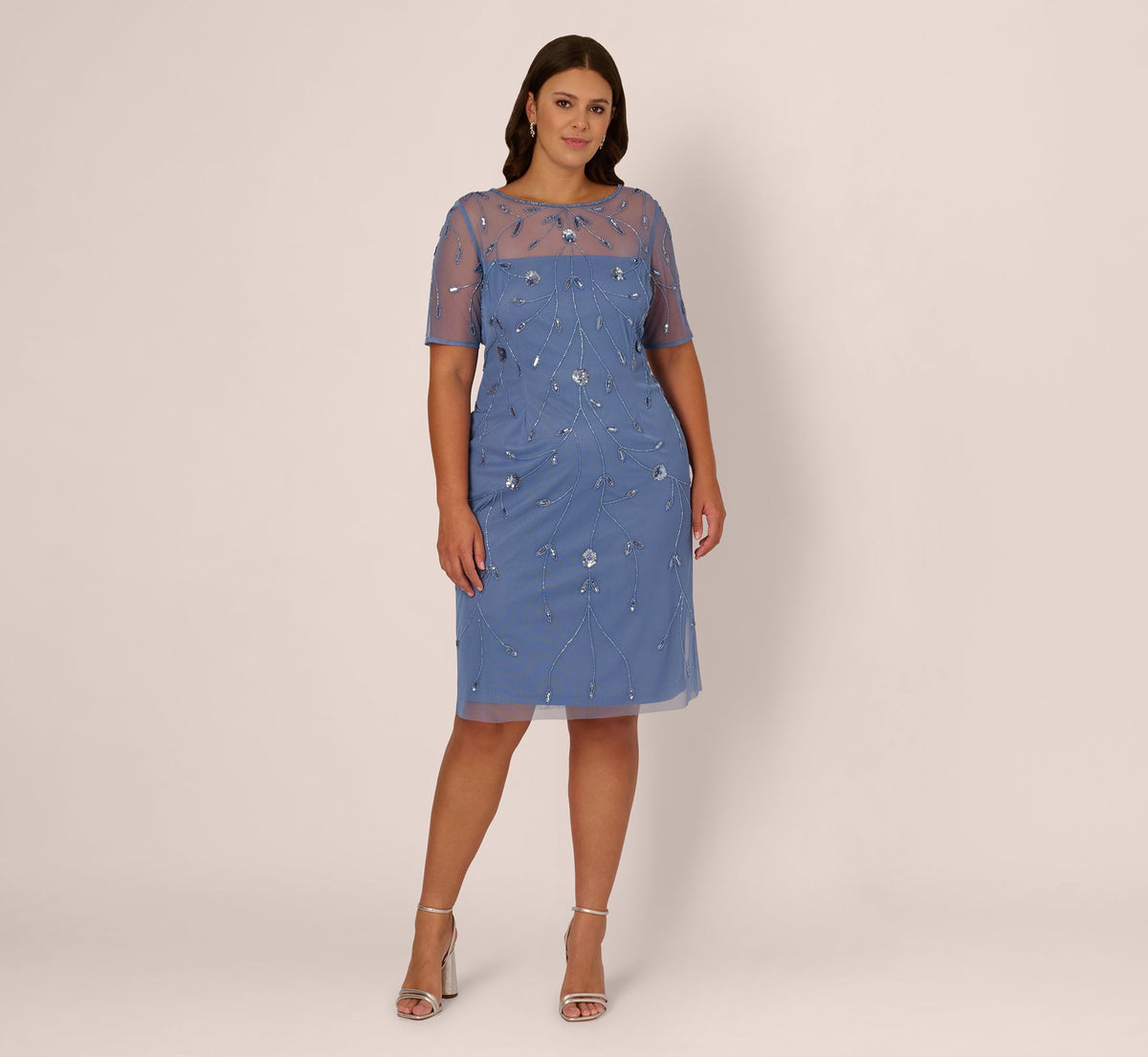 Plus Size Short Sleeve Illusion Floral Beaded Sheath Dress - French Blue | Adrianna Papell