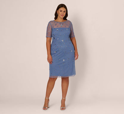 Plus Size Short Sleeve Illusion Floral Beaded Sheath Dress - French Blue | Adrianna Papell