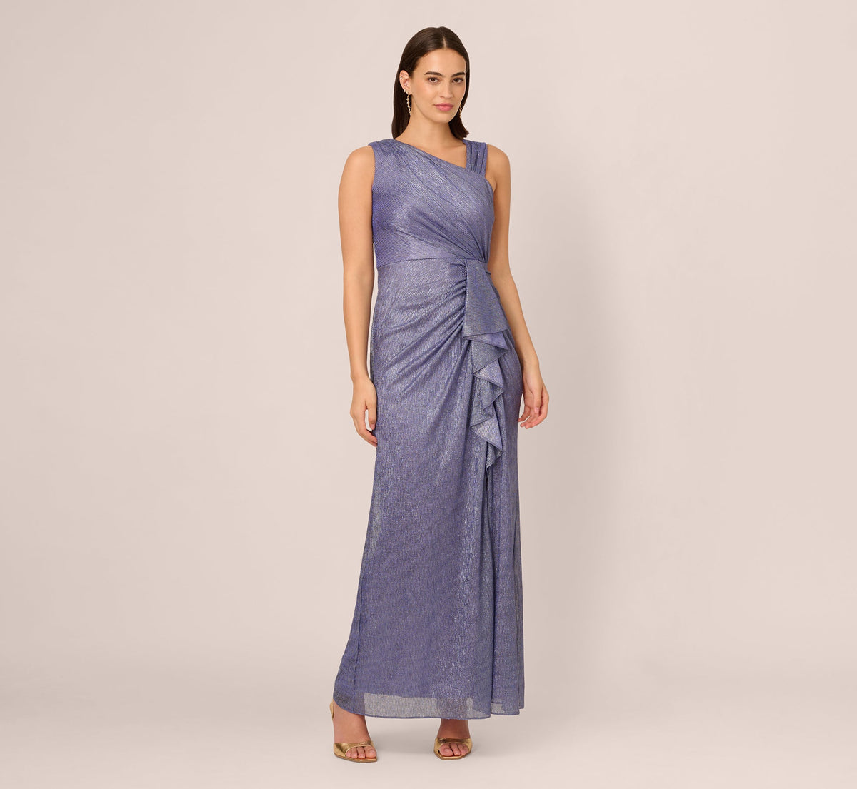 Draped Metallic Foil Long Dress - Peri Cruise | Adrianna Papell