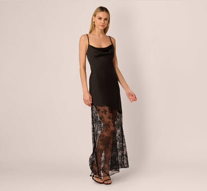 Sleeveless Satin Lace Maxi Gown - Black | Adrianna Papell