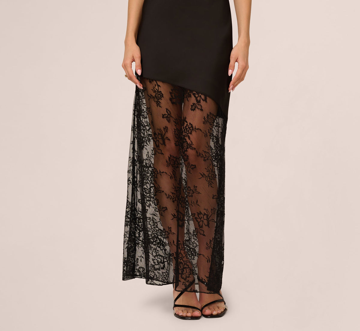 Sleeveless Satin Lace Maxi Gown - Black | Adrianna Papell