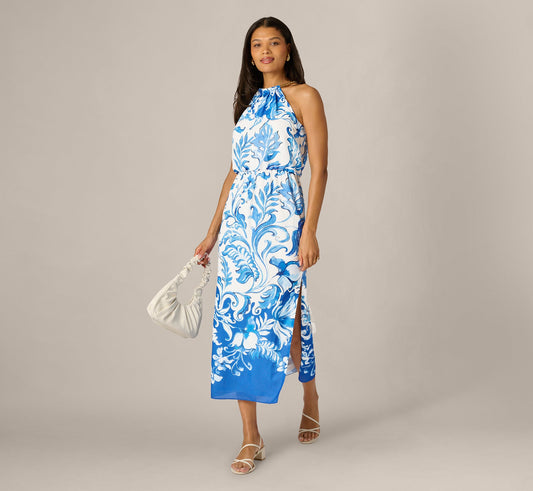Scroll Print Chain Halter Midi - Ivory Blue | Adrianna Papell