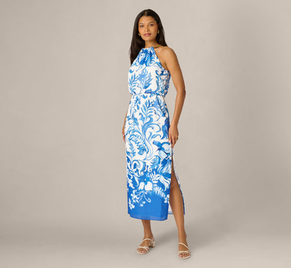 Scroll Print Chain Halter Midi - Ivory Blue | Adrianna Papell