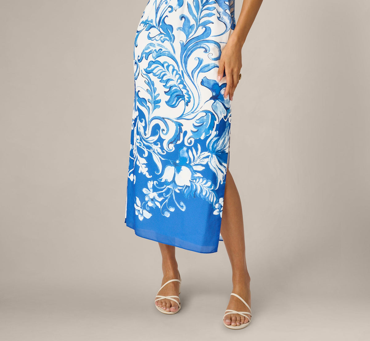 Scroll Print Chain Halter Midi - Ivory Blue | Adrianna Papell
