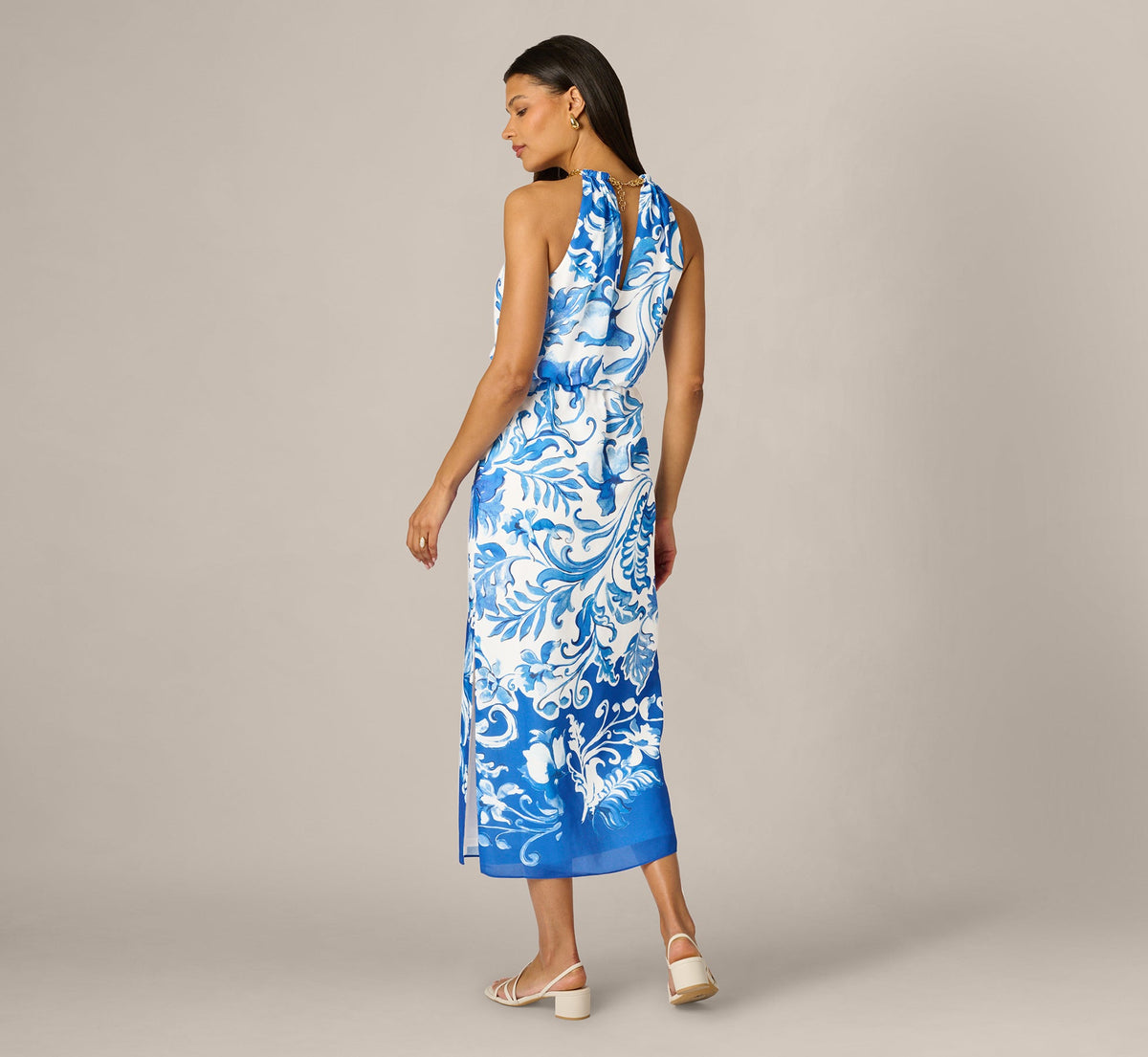 Scroll Print Chain Halter Midi - Ivory Blue | Adrianna Papell