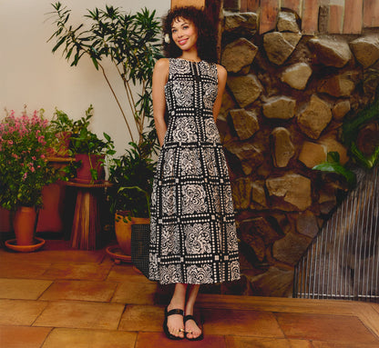 Drop Waist Cotton Tile Print Midi Sundress - Black Ivory | Adrianna Papell