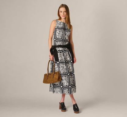 Drop Waist Cotton Tile Print Midi Sundress - Black Ivory | Adrianna Papell