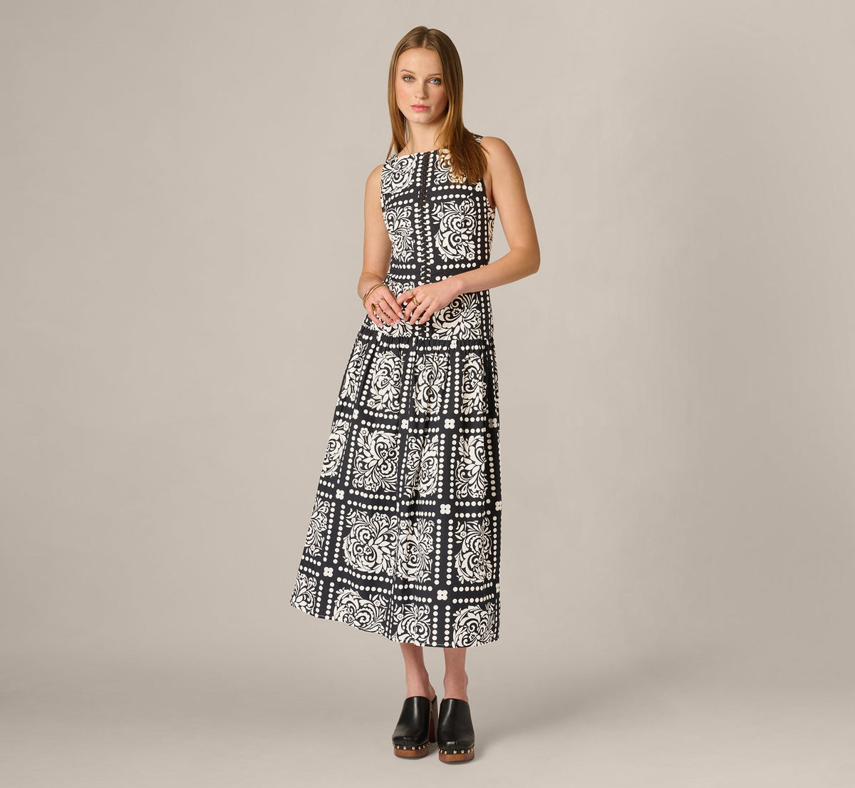 Drop Waist Cotton Tile Print Midi Sundress - Black Ivory | Adrianna Papell