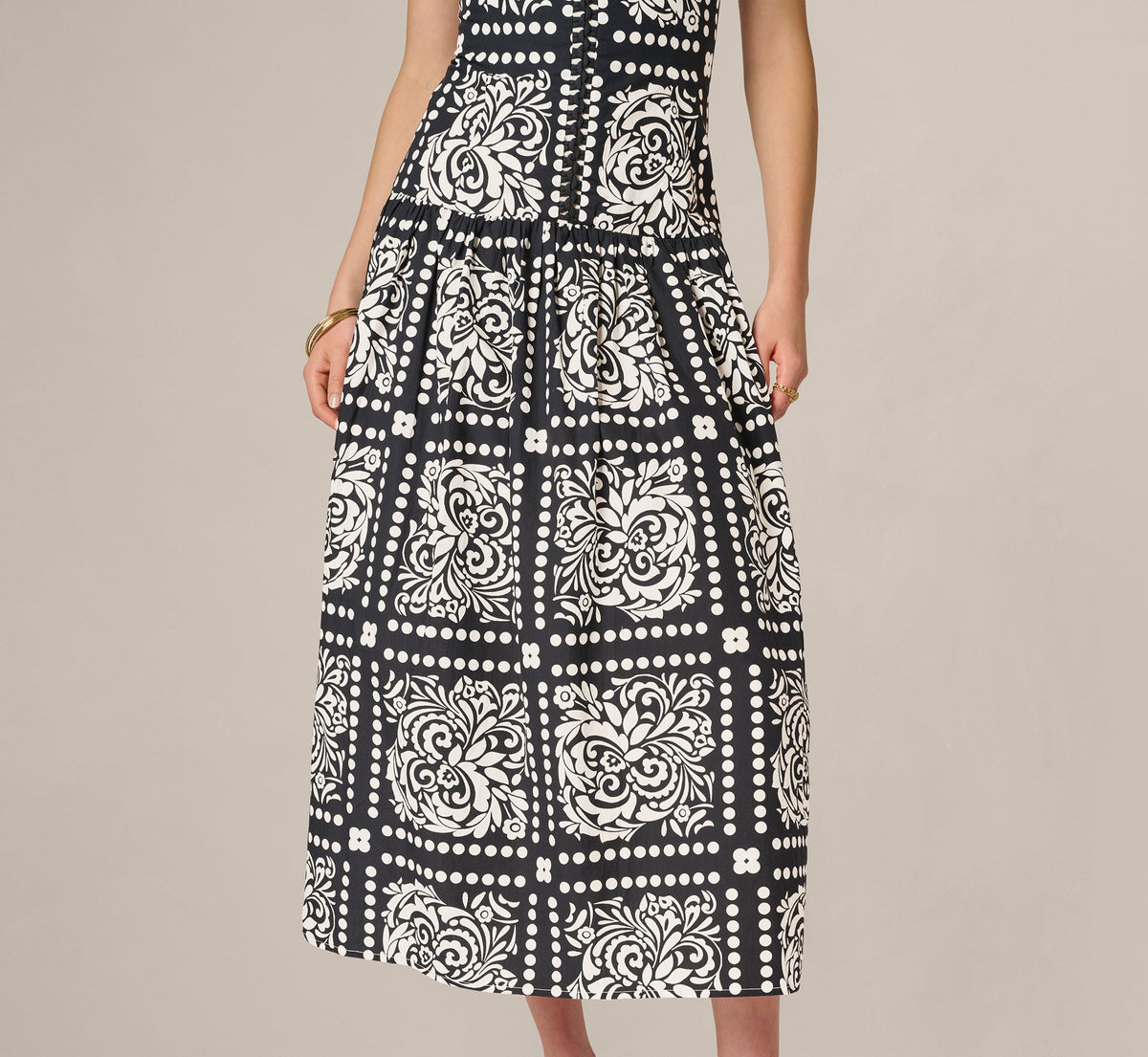Drop Waist Cotton Tile Print Midi Sundress - Black Ivory | Adrianna Papell