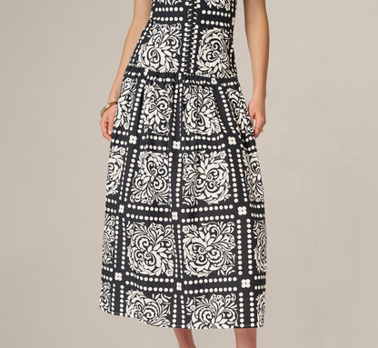 Drop Waist Cotton Tile Print Midi Sundress - Black Ivory | Adrianna Papell