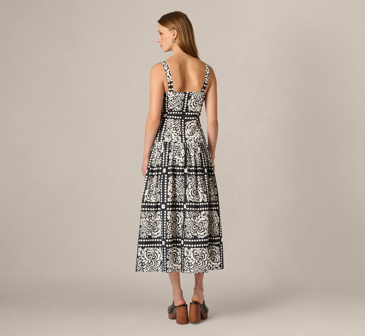 Drop Waist Cotton Tile Print Midi Sundress - Black Ivory | Adrianna Papell