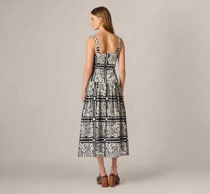 Drop Waist Cotton Tile Print Midi Sundress - Black Ivory | Adrianna Papell