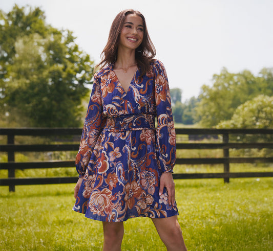 Long Sleeve Paisley Stripe Short Dress - Blue Multi | Adrianna Papell