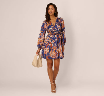 Long Sleeve Paisley Stripe Short Dress - Blue Multi | Adrianna Papell